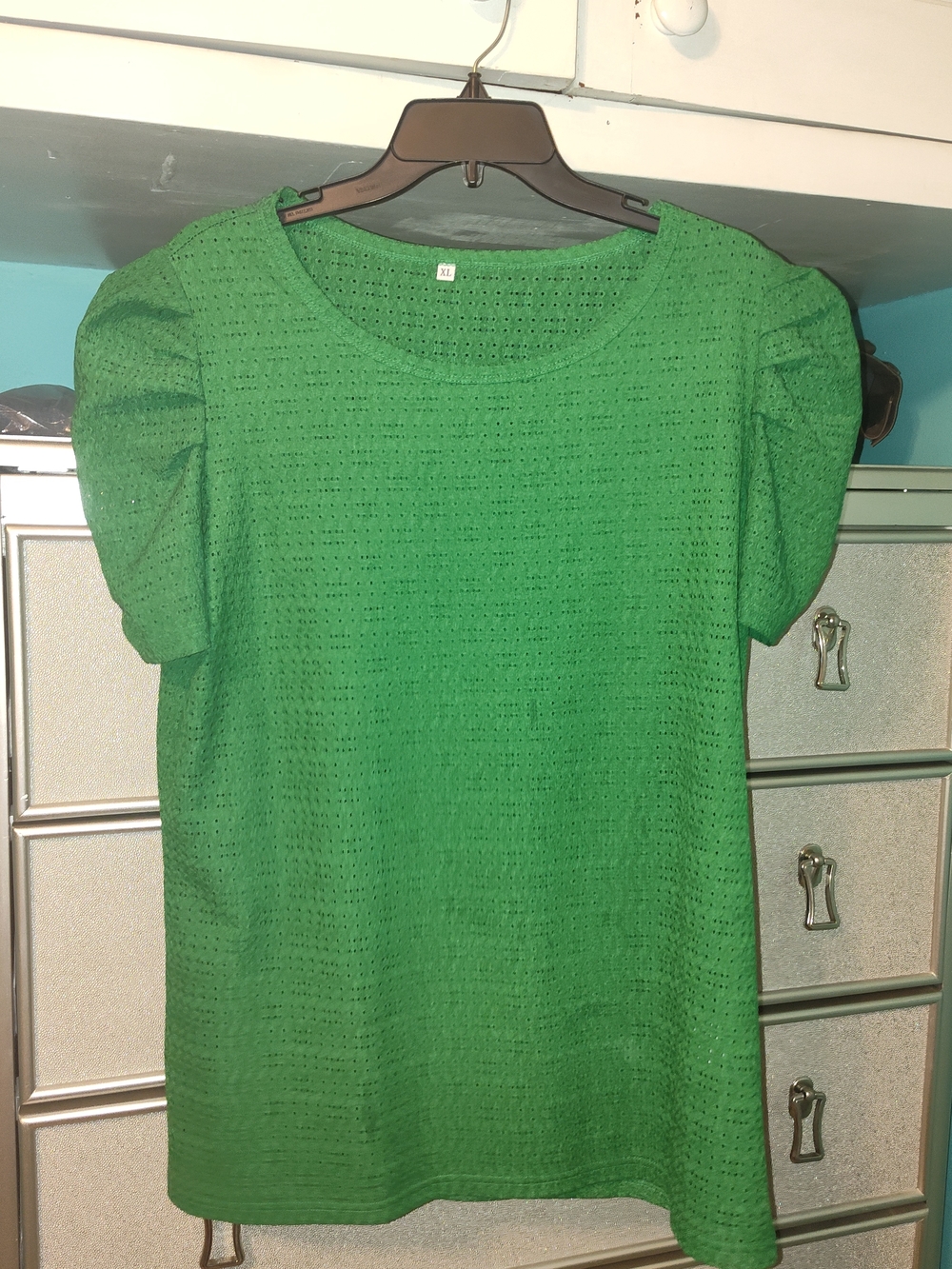 Green Puff-Sleeve Eyelet Top